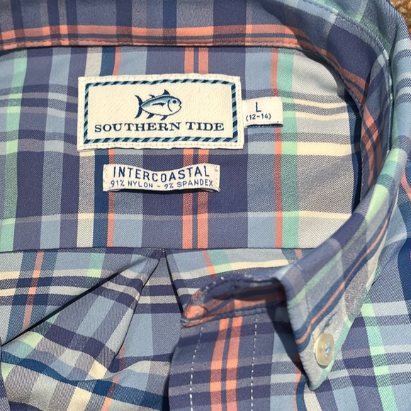 Southern Tide Intercoastal Plaid Blue Coral Shirt - Picture 2 of 5